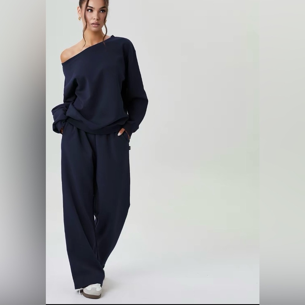 KatchMe Navy 2-Piece Lounge Set Off-Shoulder‎ Top & Wide-Leg Pants |S/M